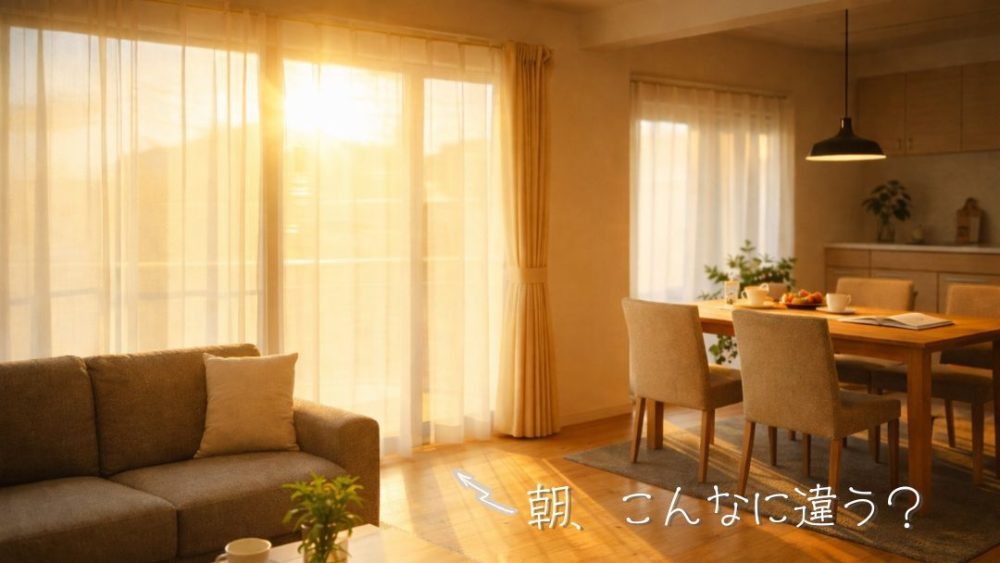 断熱リフォーム後の朝のリビング｜福井